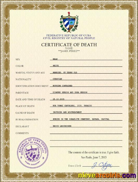 Cuba vital record death certificate